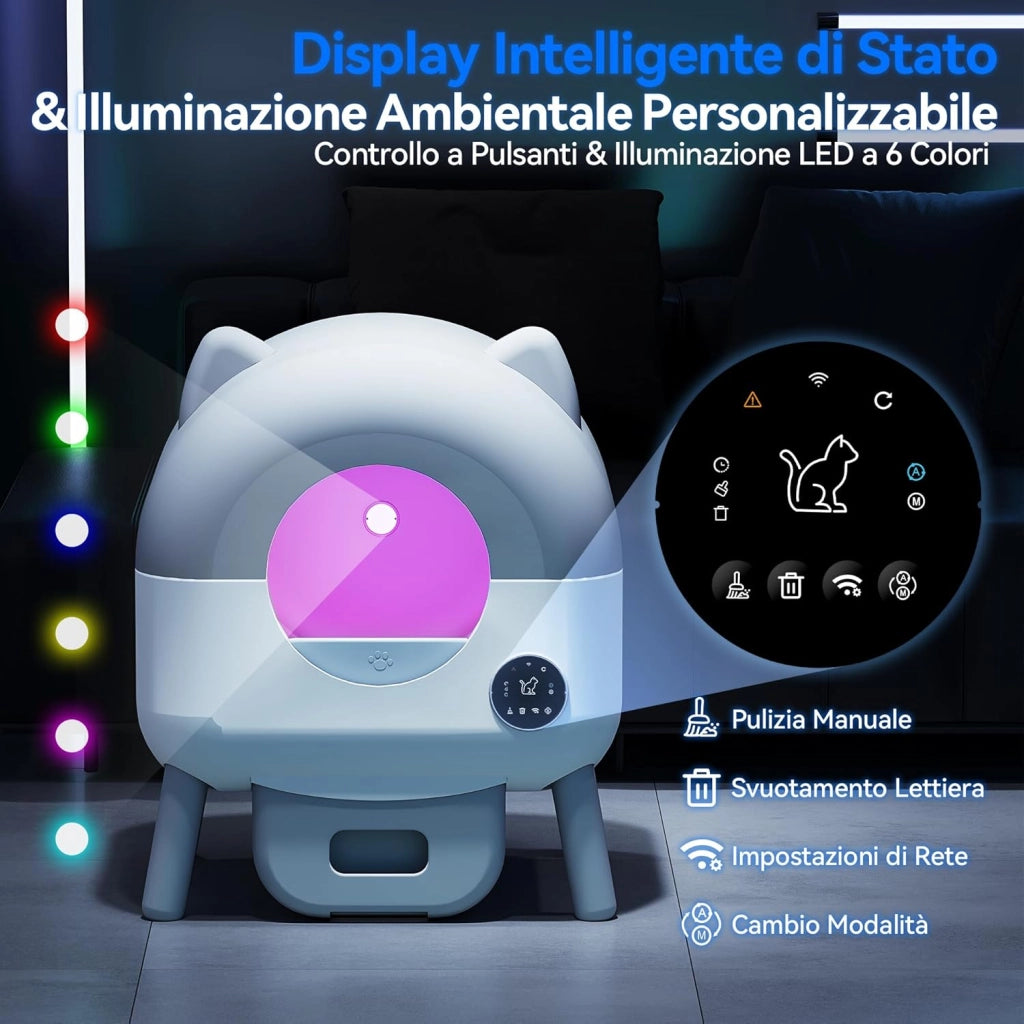 lettiera automatica per gatti, upgrade grande capacità, lettiera autopulente elettrica con controllo APP, adatta per gatti fino a 12 kg, include cat litter gatto con LED 6 colori.