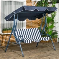 Dondolo da Giardino 3 Posti con Tetto Impermeabilizzato ad Inclinazione Regolabile, Cuscini per la Seduta, Schienale, Design a Righe, Bianco e Blu
