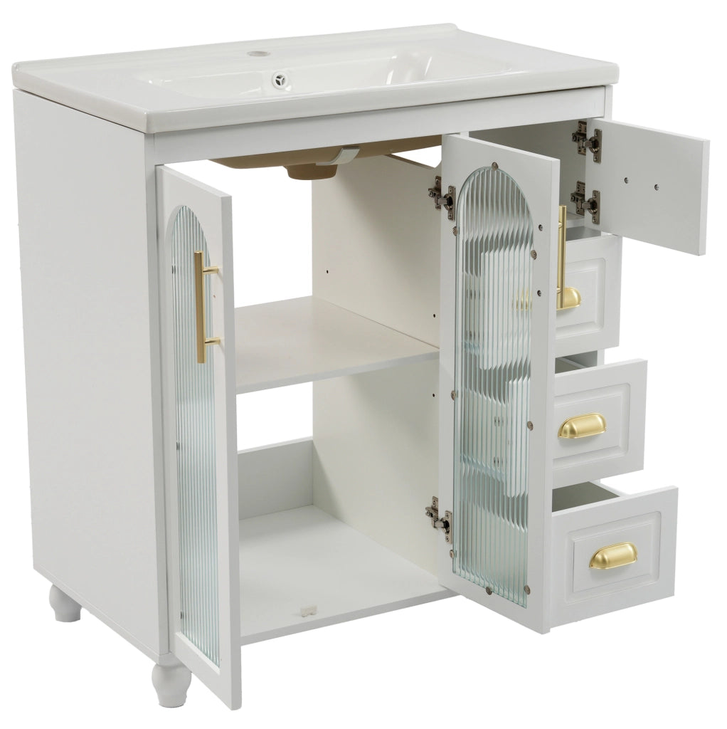 Mobile bagno con lavabo 80 cm, 2 ante, 3 cassetti, MDF, bianco