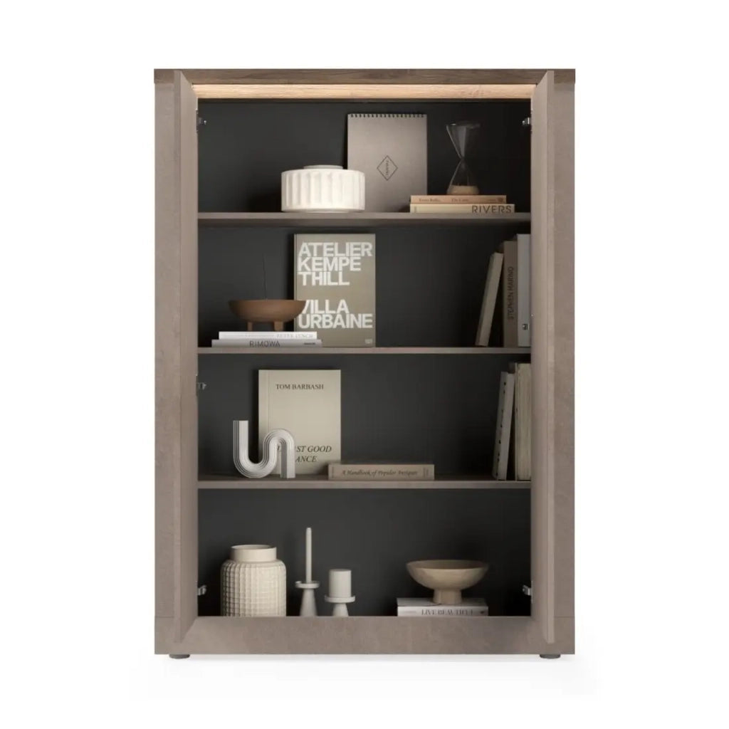 Buffet alto SASHA – 2 porte con 3 scaffali e LED – Bronzo e piano in legno Mercurio