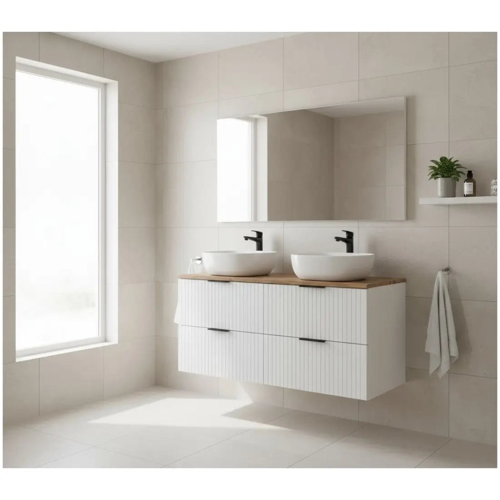 Set bagno NOXERA 120 cm - Bianco opaco e quercia - 2 lavabi rotondi da appoggio