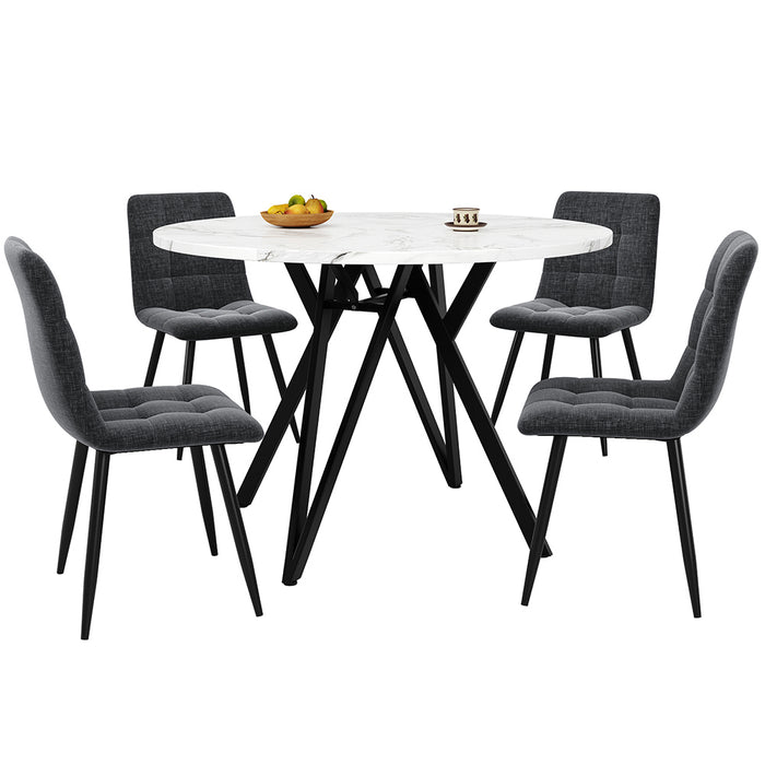 Set tavolo-Xylo-100cm rotondo 4 sedie grigio piedi neri piano marmorizzato