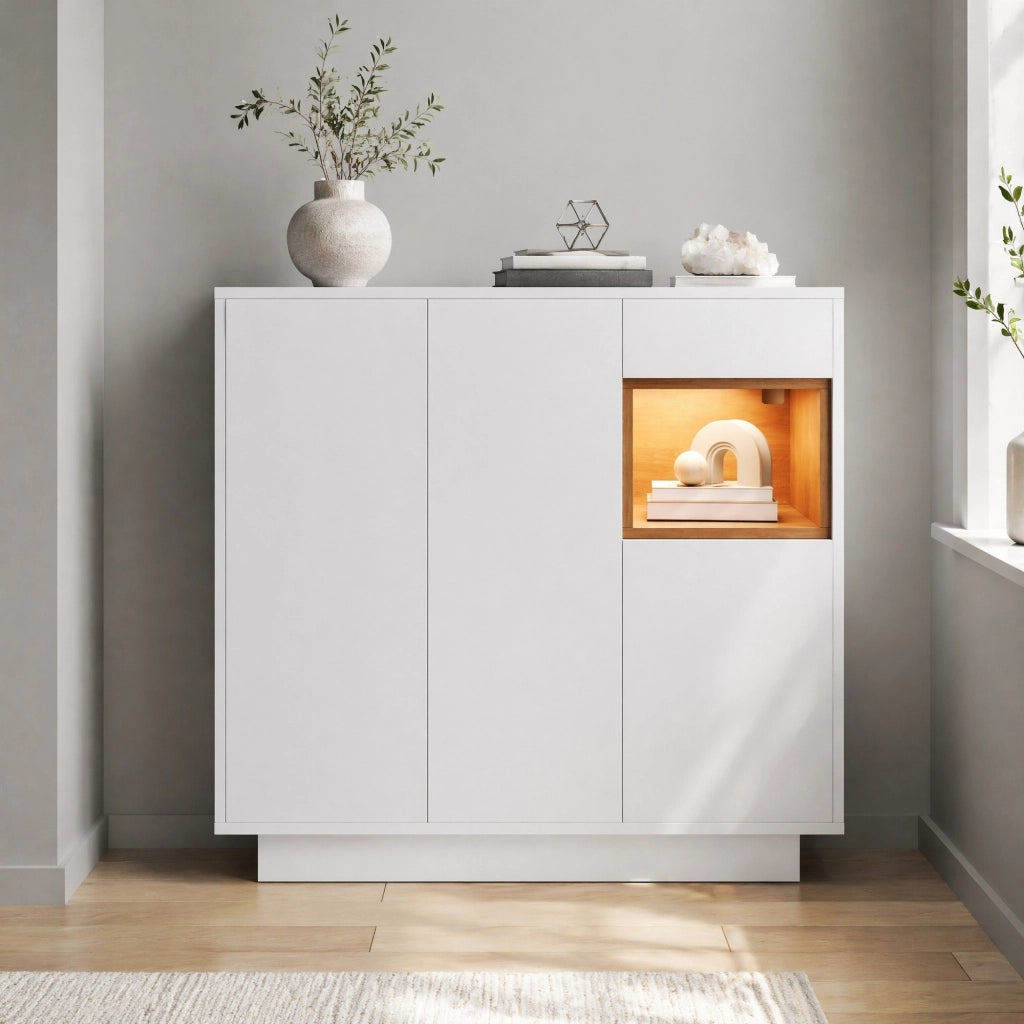 Scarpiera moderna con LED 16 colori; cassetto e ripiani regolabili 105x39;5x100;5 cm; bianco e naturale