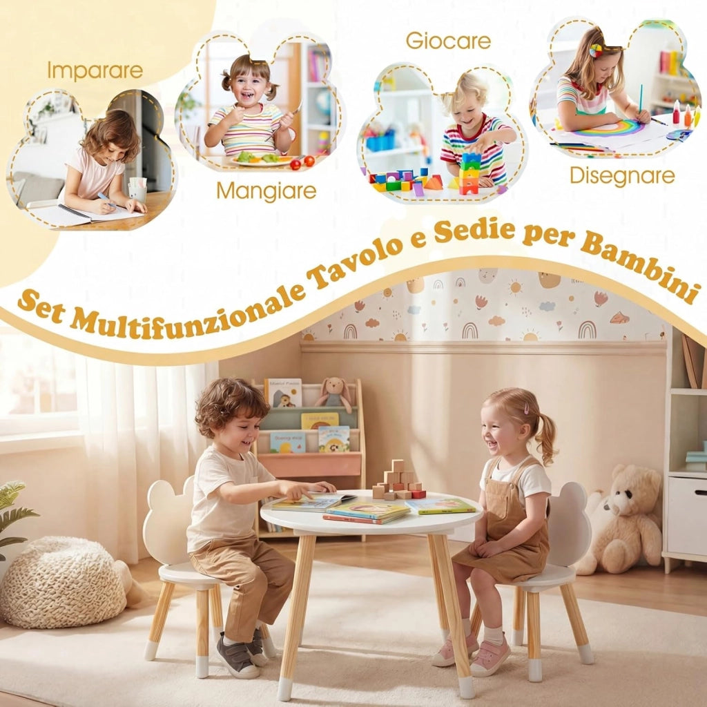 Set Tavolo e Sedie per Bambini, Tavolino e 2 Sedie a Forma di Rana con Gambe in Legno e Angoli Arrotondati, Set Mobili Salvaspazio per Bambini 3+ Anni per Cameretta Ragazzi (Bianco)