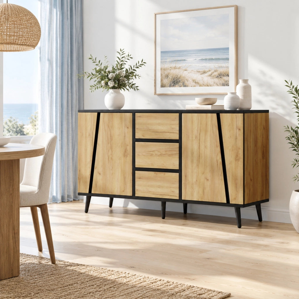 Sideboard con 2 ante e 3 cassetti 120x40x70 cm in MDF e truciolare naturale e nero