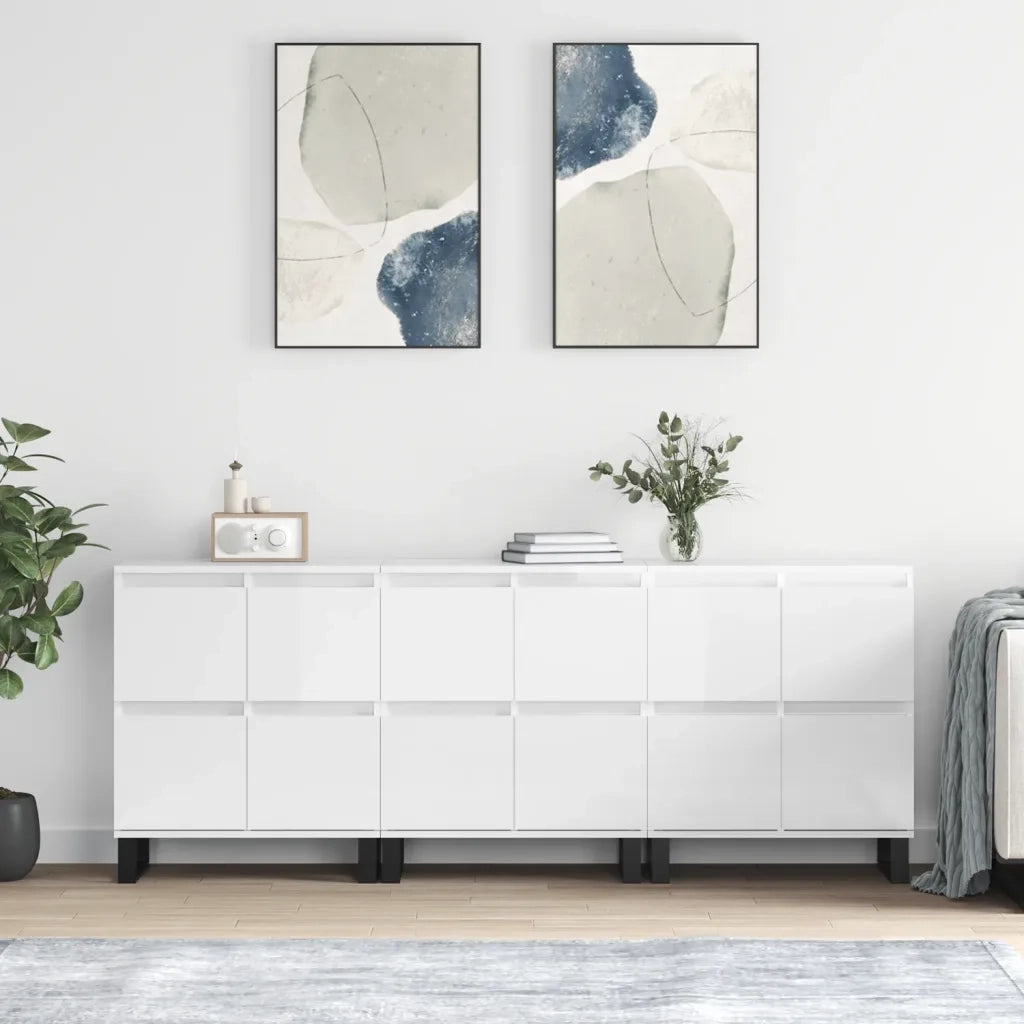 Credenze 3 pz | Madia | Buffet da pranzo | Armadio da pranzo Bianco Lucido in Legno Multistrato