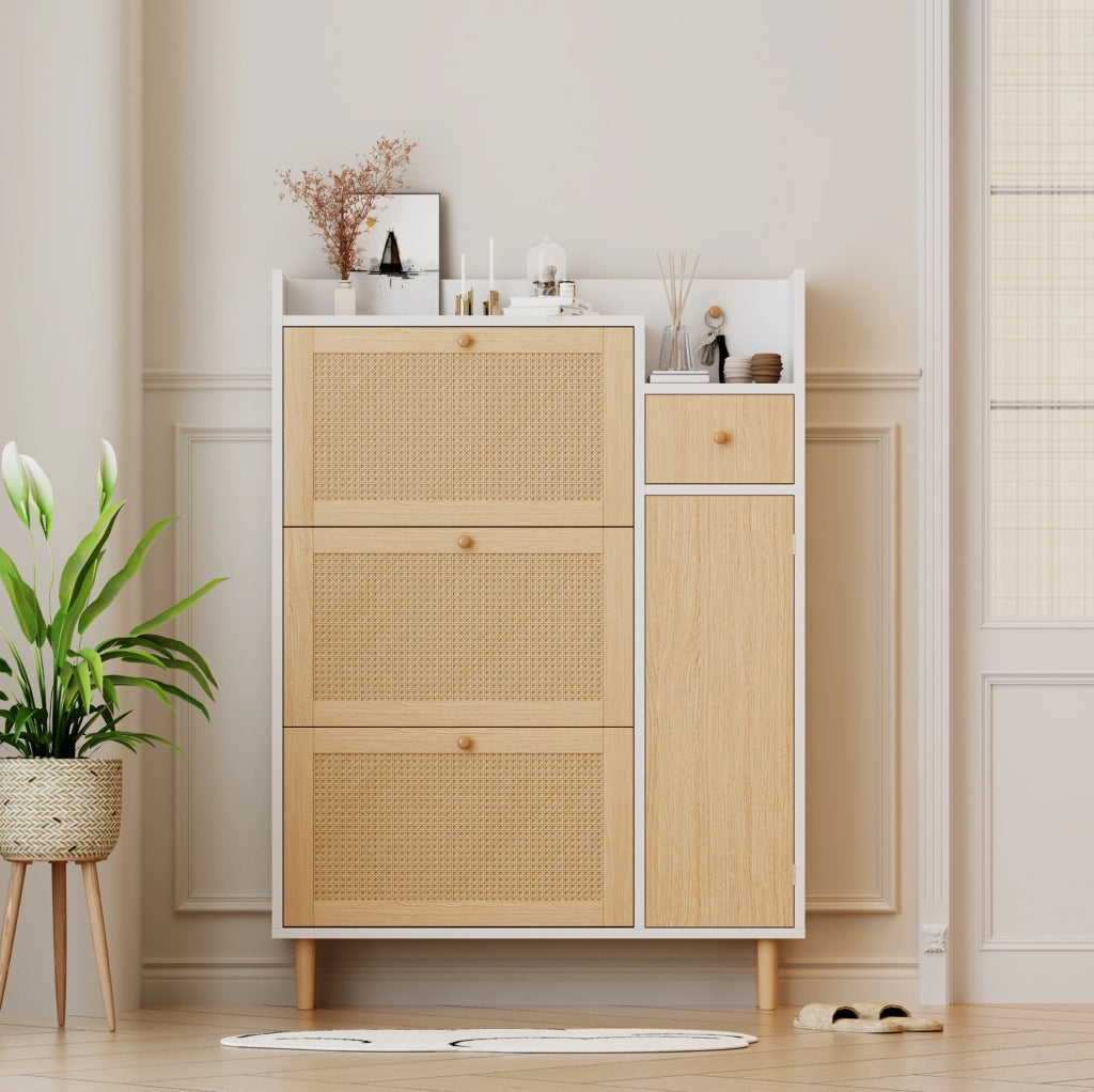 Scarpiera slim con ante a ribalta, MDF, naturale e bianco
