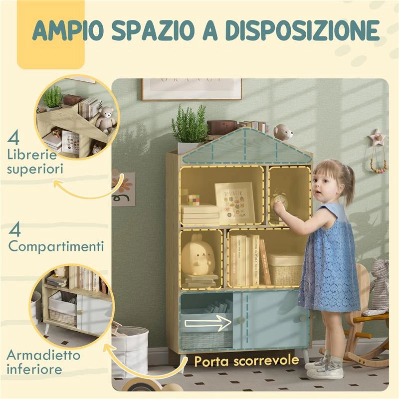 LIBRERIA PER BAMBINI  IN LEGNO CON RIPIANI APERTI E ARMADIETTO INFERIORE 80X30X140.5 CM BIANCO E COLOR LEGNO