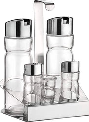 Set di oli 5 pezzi (olio, aceto, sale, pepe, forchetta da denti), serie Prima Collection in acciaio inossidabile e contenitori in vetro con protezione contro fughe