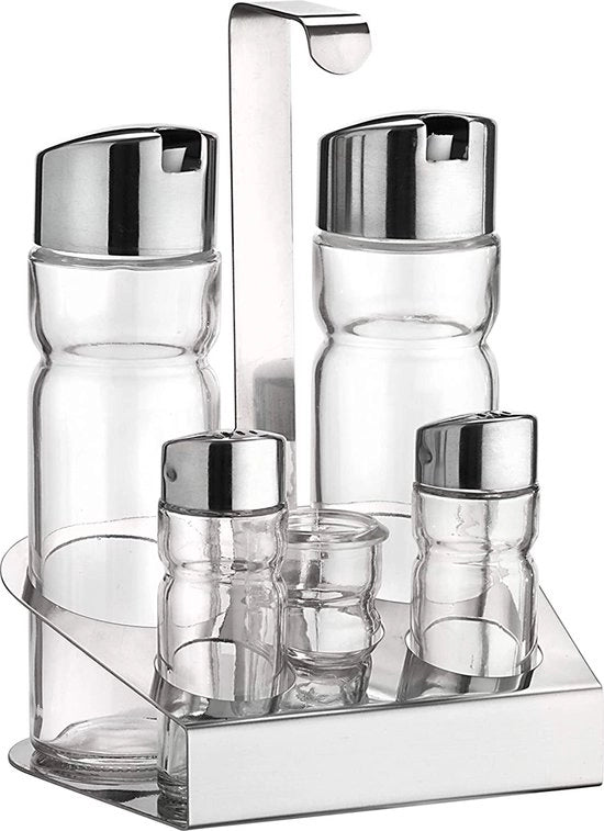 Set di oli 5 pezzi (olio, aceto, sale, pepe, forchetta da denti), serie Prima Collection in acciaio inossidabile e contenitori in vetro con protezione contro fughe