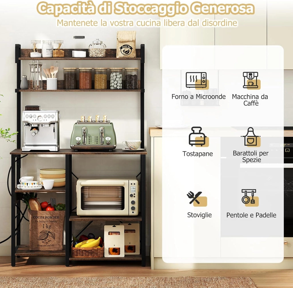 Scaffale da Cucina con Multipresa, Supporto per Microonde a 5 Ripiani con Luci LED, Mensole Portaoggetti, Scaffale Multifunzionale per Cucina Soggiorno Bar, 90 x 40,5 x 147 cm