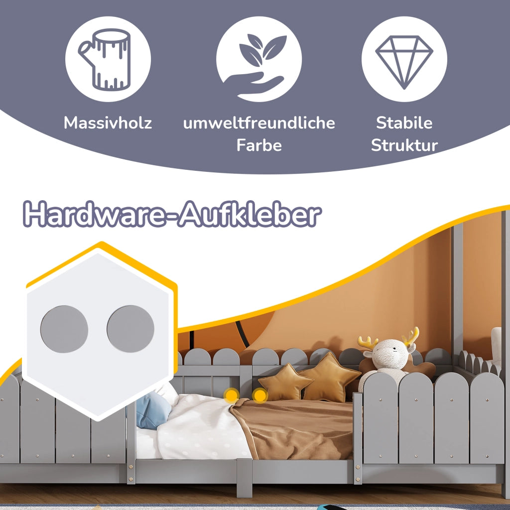 Letto a casa 90x200 cm grigio in legno massello con rete a doghe e protezione anticasco