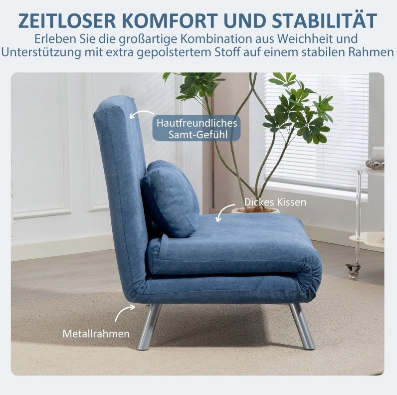 Poltrona letto pieghevole senza braccioli con rivestimento in tessuto blu e cuscino