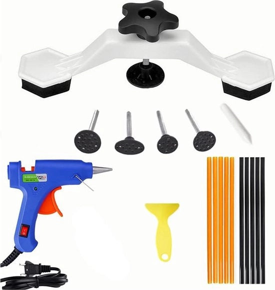 Set di rimozione di ammaccature comprensivo di pistola adesiva e traino di ponte - set da 19 pezzi per la riparazione di auto - set di riparazione di ammaccature per portiere di veicoli e danni da grandine.