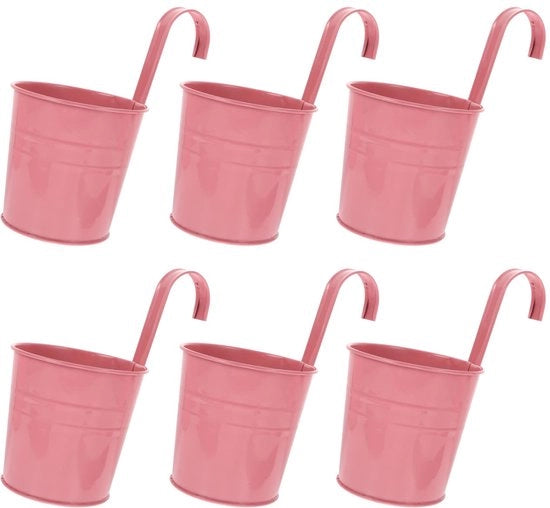 Vasi da Fiori Sospesi Rosa - 6 Pezzi Vasi di Metallo per Fiori per Balcone e Giardino con Gratafissi Removibile - Cestini da Muro Decorativi in Acciaio per Arredamento di Stile