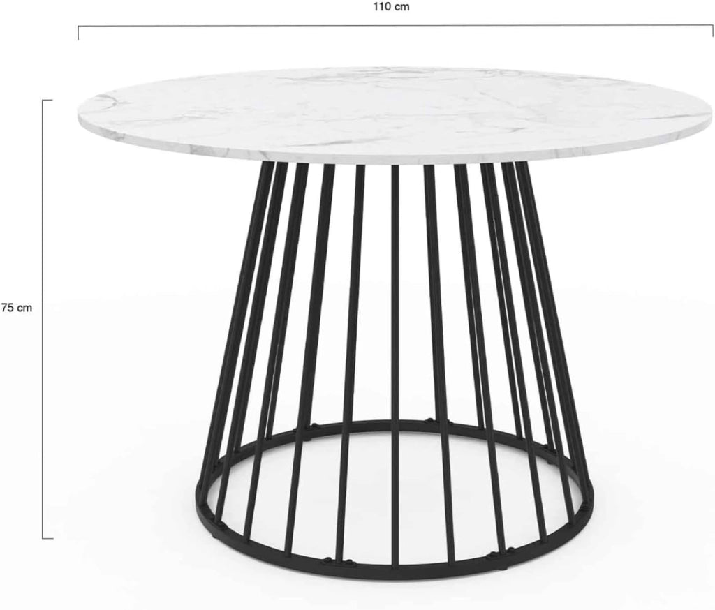 Tavolo da pranzo rotondo YUNA 6 persone con piano in marmo bianco ALASKA e gamba in filo metallico nero 110 cm