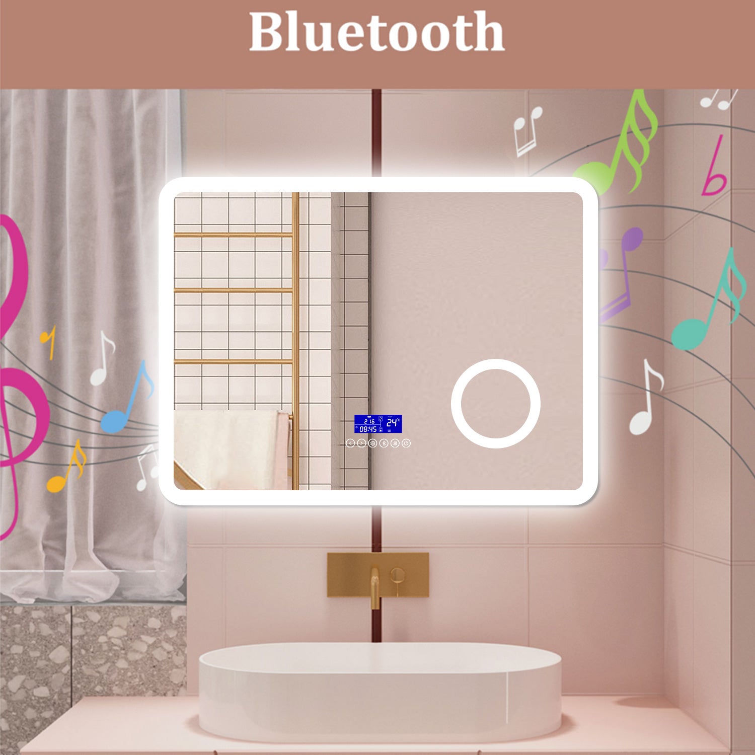 AICA Specchio da bagno  80 x 60 cm, dimmerabile, Blue tooth, Funzione Memoria, antiappannamento, 3 colori, Magnificatore,  orologio