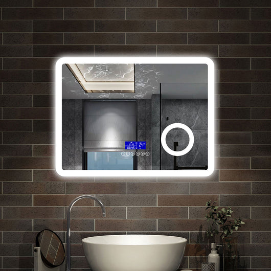 80 x 60 cm,AICA Specchio da Bagno LED con Luce, 3 Colori Regolabili,Blue tooth, Ingrandimento, orologio,memoria, antiappannamento,CRI>90,autospegnimento