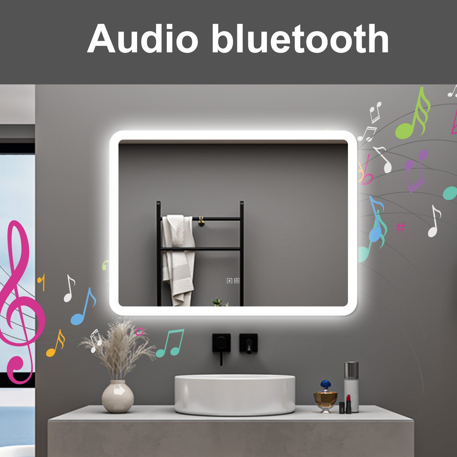 AICA Specchio da bagno  80 x 60 cm, dimmerabile, Blue tooth, Funzione Memoria, antiappannamento, 3 colori