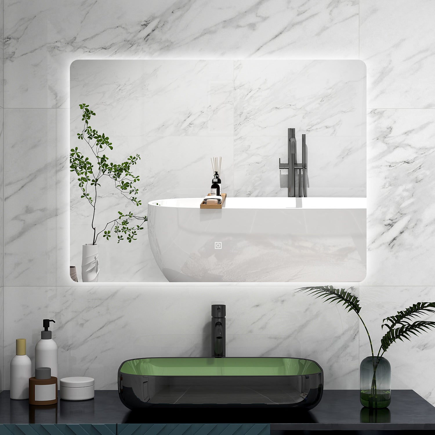 AICA Specchio da bagno 90 x 60 cm, Regorabile, interruttore touch, Funzione Memoria