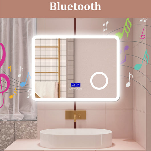 AICA Specchio da bagno  80 x 60 cm, dimmerabile, Blue tooth, Funzione Memoria, antiappannamento, 3 colori, Magnificatore,  orologio