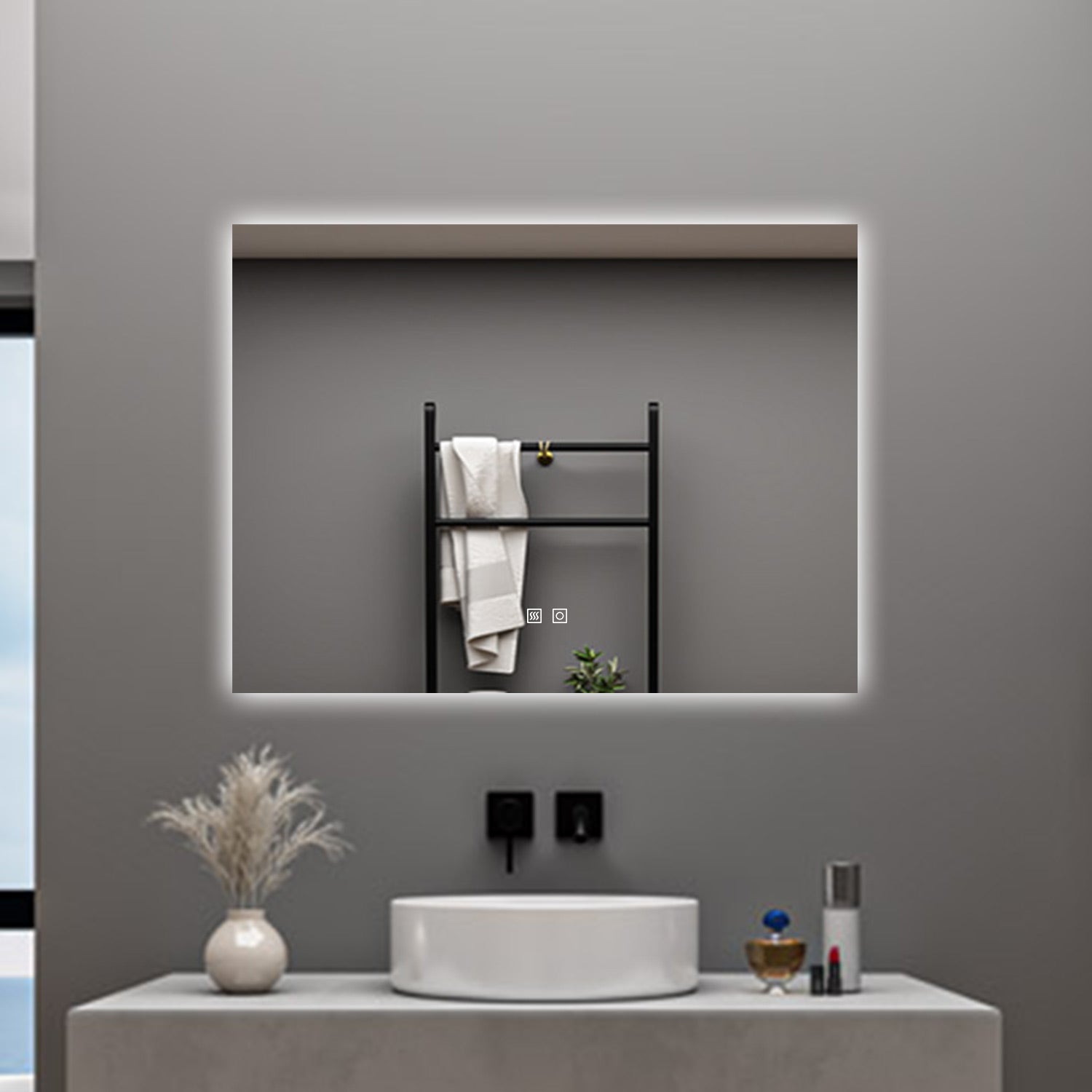 AICA Specchio da bagno 90 x 70 cm, dimmerabile, Funzione Memoria, antiappannamento, 3 colori