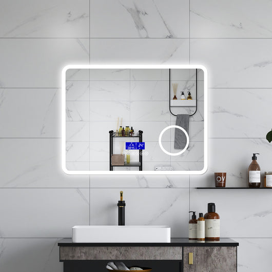 AICA Specchio da bagno  80 x 60 cm, dimmerabile, Blue tooth, Funzione Memoria, antiappannamento, 3 colori, Magnificatore,  orologio