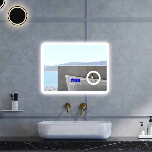 Specchio da bagno Rettangolare con 80x60cm,ingranditore 3x,orologiBlue tooth,3 colori,Memoria, Antifog,Regorabile,Retroilluminato,doppio interruttore,