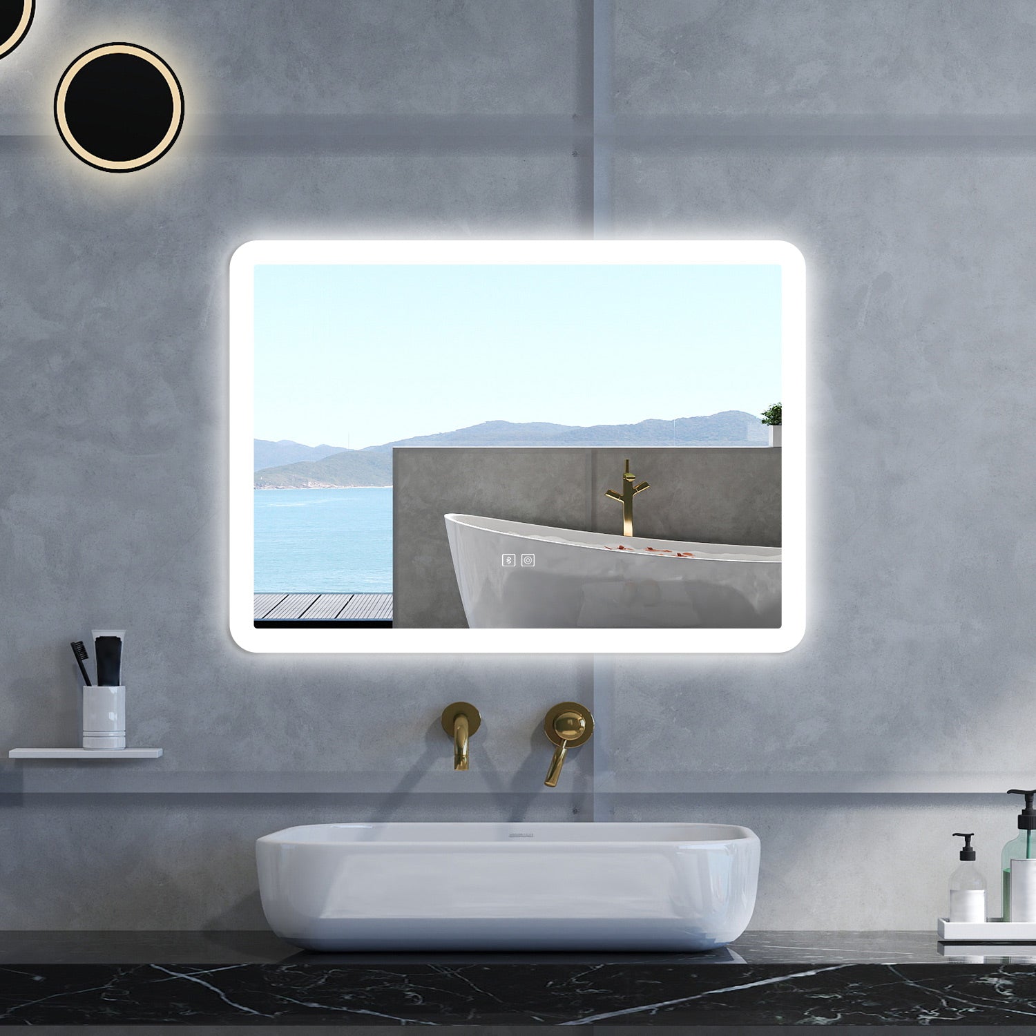 Specchio da bagno Rettangolare con 70x50cm,Blue tooth,3 colori,Memoria, Antifog,Regorabile,Retroilluminato,doppio interruttore,