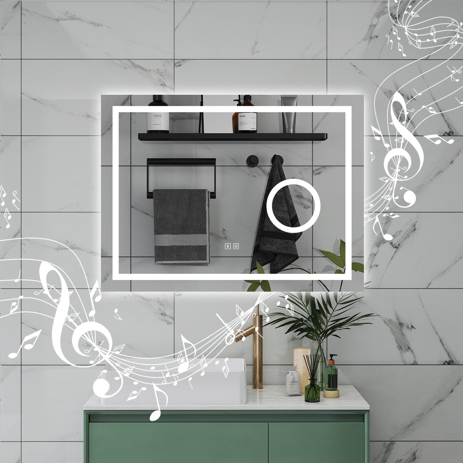 AICA Specchio da bagno  80 x 60 cm, dimmerabile, Blue tooth, Funzione Memoria, antiappannamento, 3 colori, Magnificatore