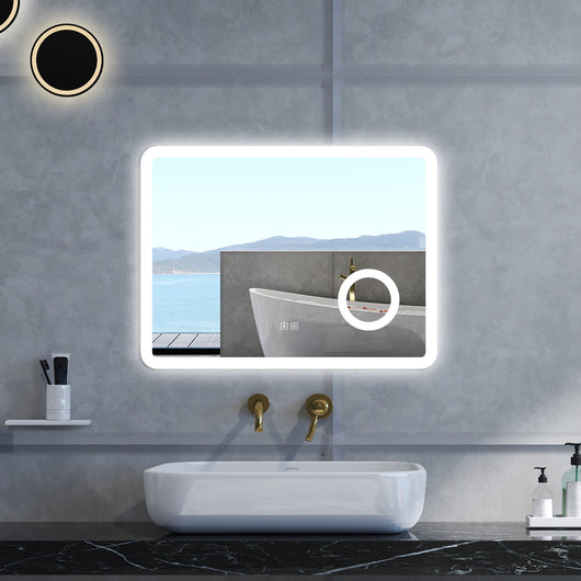 Specchio da bagno Rettangolare con 80x60cm,ingranditore 3x,Blue tooth,3 colori,Memoria, Antifog,Regorabile,Retroilluminato,doppio interruttore,