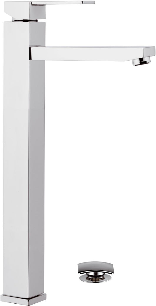 Miscelatore moderno qubika quadrato con bocca lunga per lavabi a bacinella