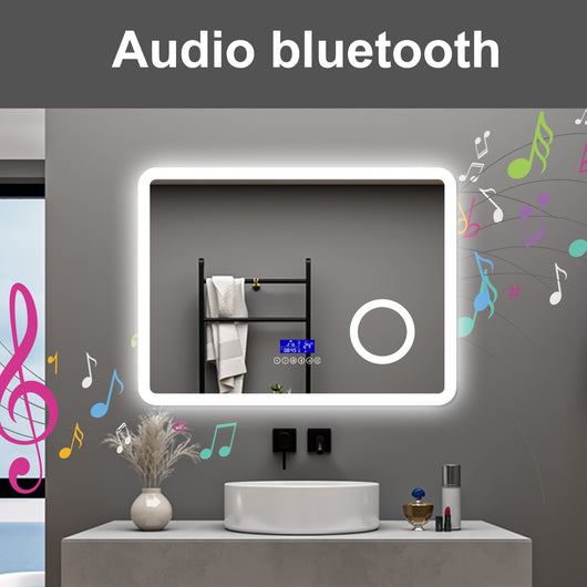 AICA Specchio da bagno  80 x 60 cm, dimmerabile, Blue tooth, Funzione Memoria, antiappannamento, 3 colori, Magnificatore,  orologio