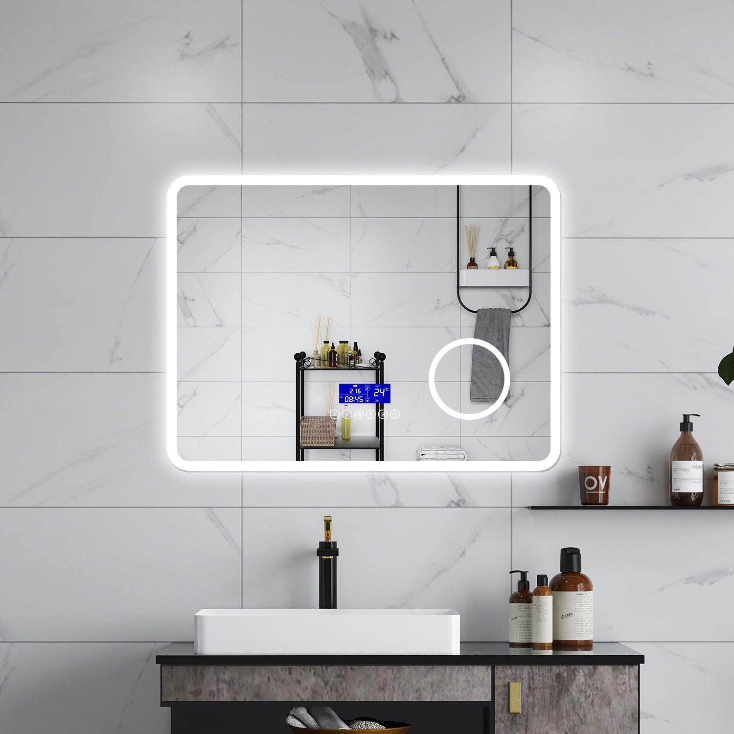 AICA Specchio da bagno  80 x 60 cm, dimmerabile, Blue tooth, Funzione Memoria, antiappannamento, 3 colori, Magnificatore,  orologio