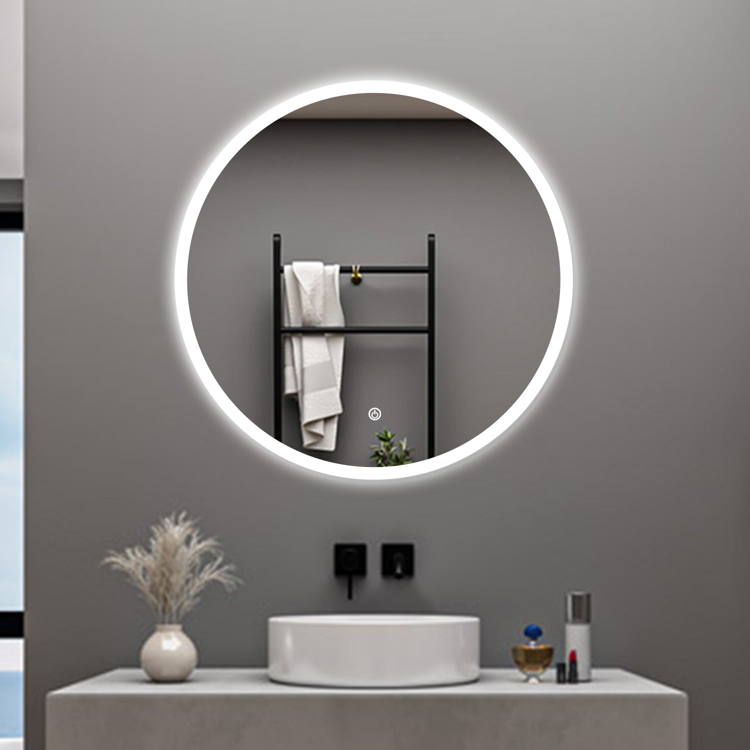 AICA Specchio da bagno 90 x 90 cm, antiappannamento, dimmerabile, interruttore touch, Funzione Memoria