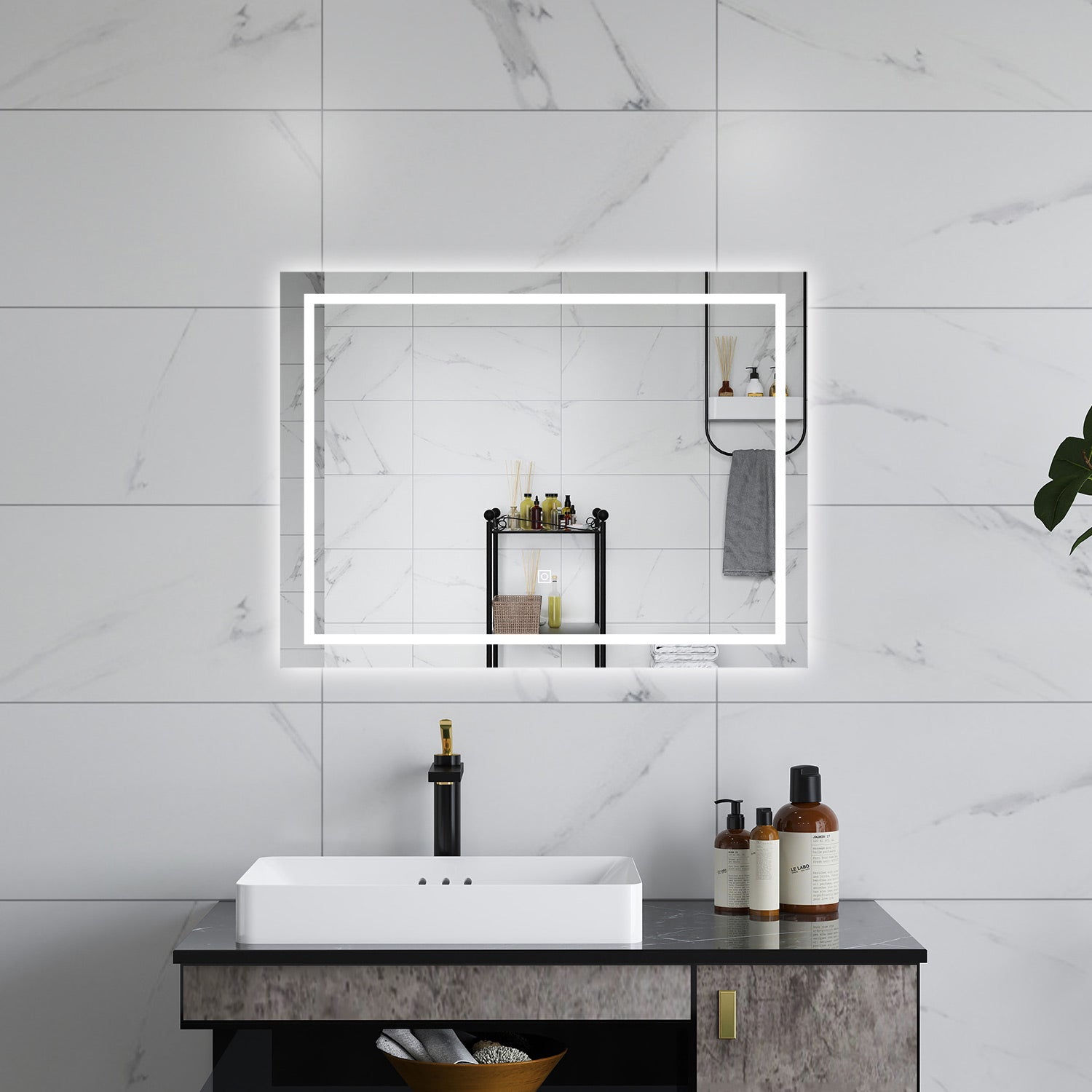 AICA Specchio da bagno  80 x 60 cm, dimmerabile, interruttore touch, Funzione Memoria, antiappannamento