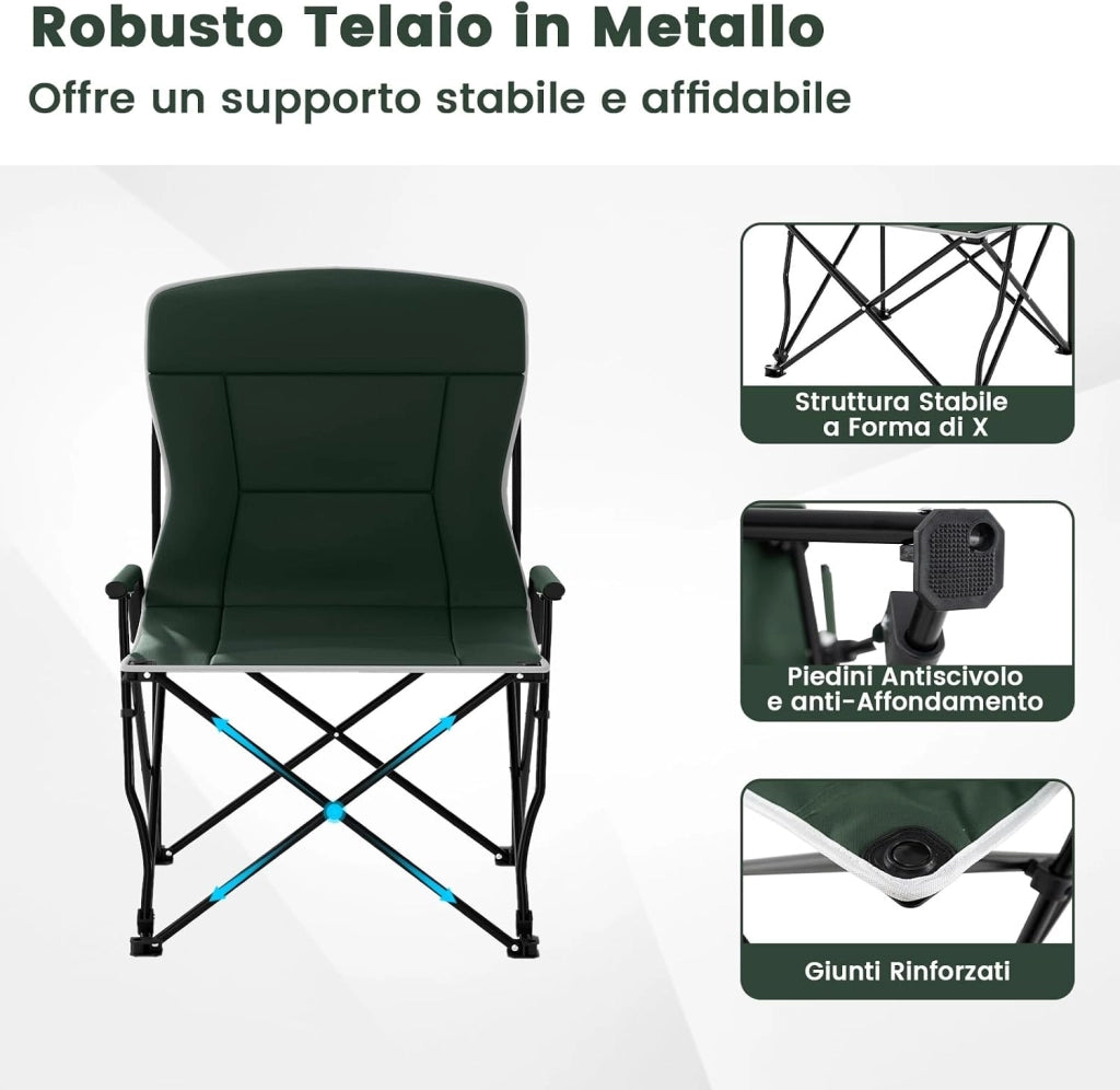 Sedia da Campeggio con Ombrello Regolabile, Sedia da Giardino Imbottita con Borsa e Tettuccio Parasole, Poltrona Pieghevole per Spiaggia, Pesca, Sport, Portata 160 kg