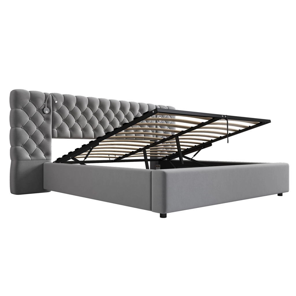 Letti contenitori 160x200 cm; con luce lettura e contenitore; velluto grigio (Senza materasso)