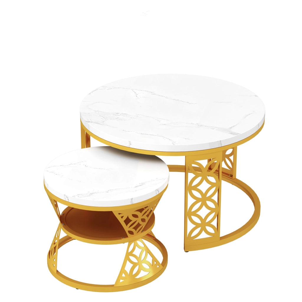Set di tavolini da salotto 2 pezzi effetto marmo bianco e oro con struttura in metallo