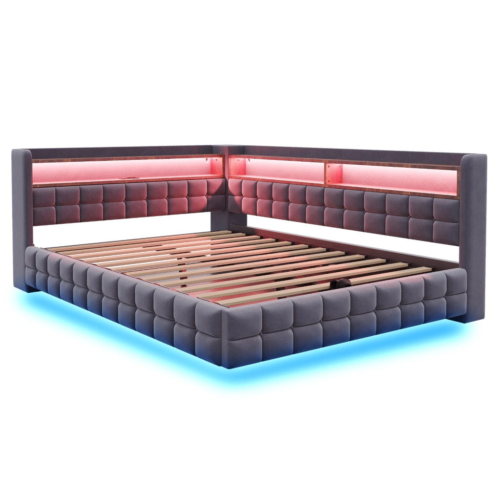 Letto imbottito divano letto 140x200 cm con contenitore idraulico; LED; USB e Type-C; grigio