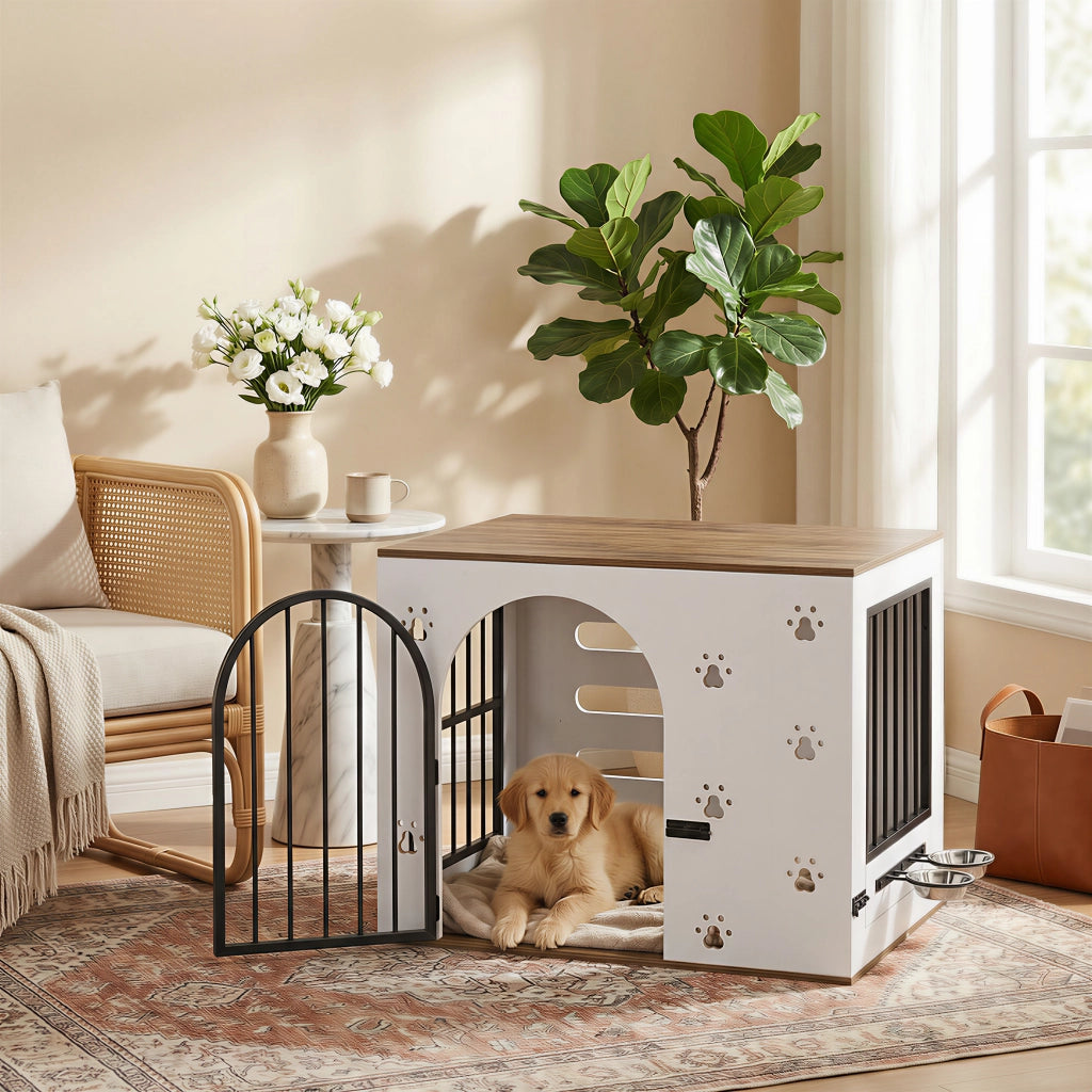 Scaffale 2 in 1 per cani con ciotole in acciaio rialzate struttura in MDF e metallo bianco e rovere chiaro