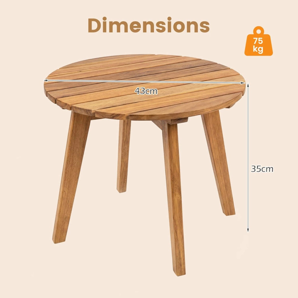 Tavolino da Esterno Rotondo in Legno Massello, Ø43 x 35 cm, Piccolo Tavolo Laterale da Balcone, Tavolino Basso da Salotto, Montaggio Facile, per Giardino, Terrazza e Soggiorno, Naturale