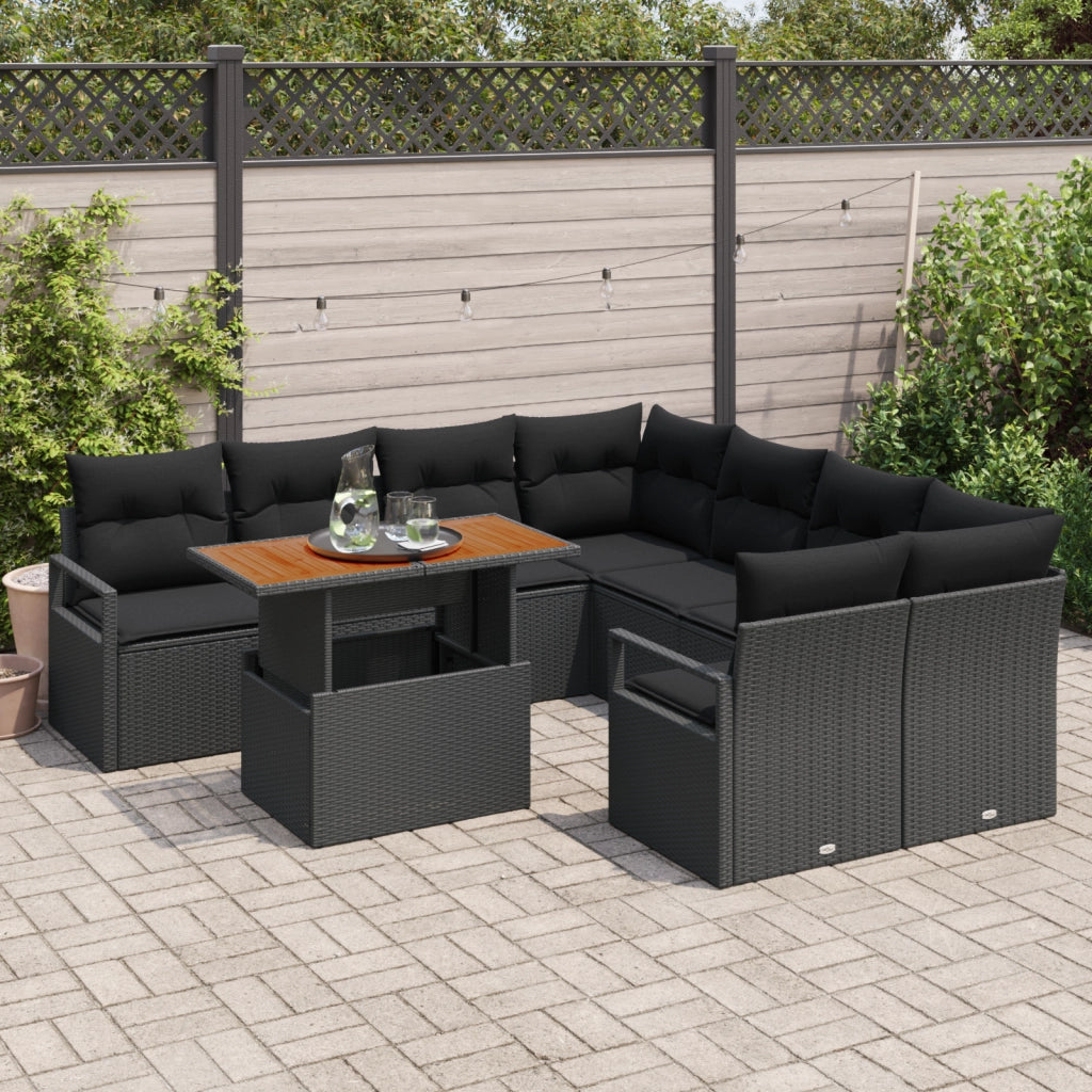 Set Divano da Giardino  9 Pezzi con Cuscini Nero Polyrattan