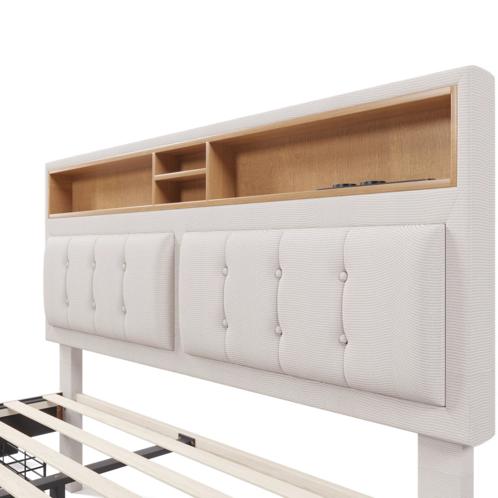 Letto matrimoniale 140x200 cm con 4 cassetti; USB C; testiera regolabile; lino beige