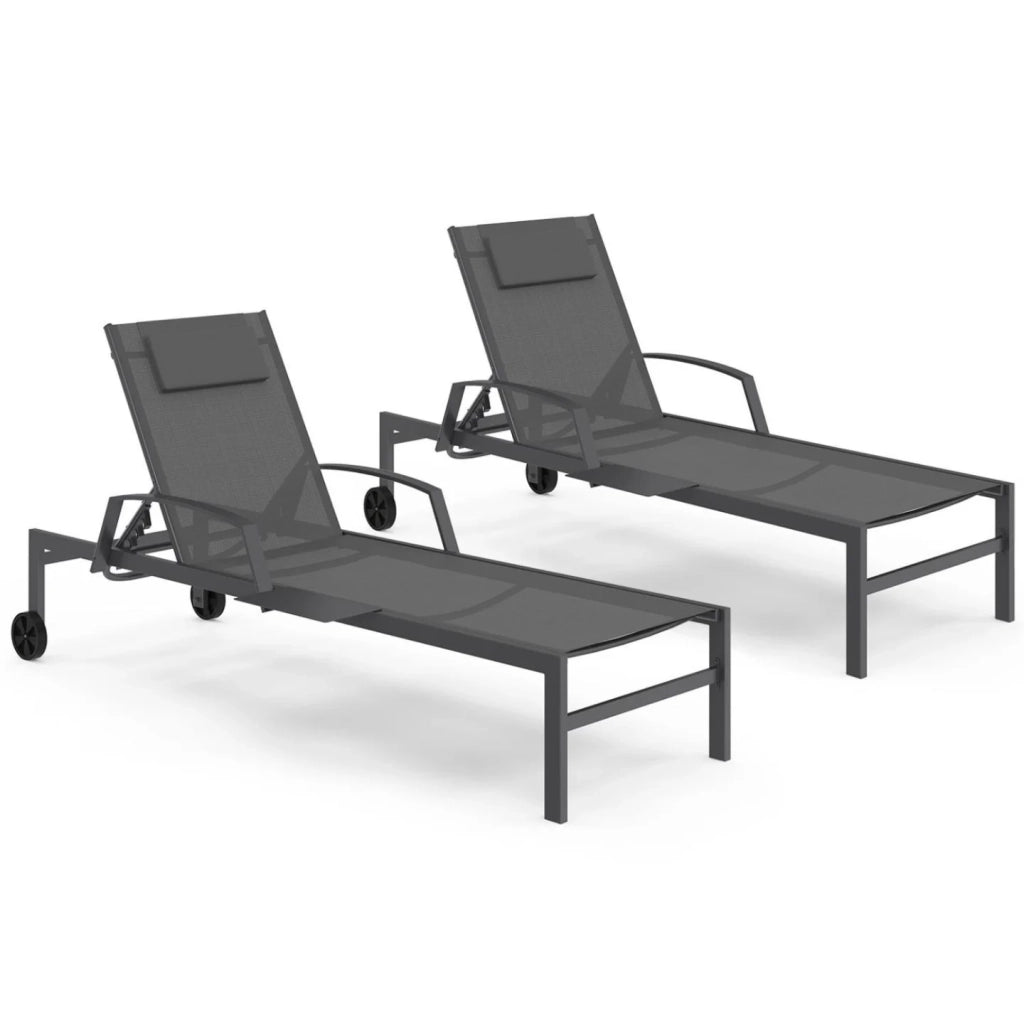 IDMarket - Set di 2 lettini da giardino reclinabili JAVA con ripiani in acciaio grigio e tessuto grigio