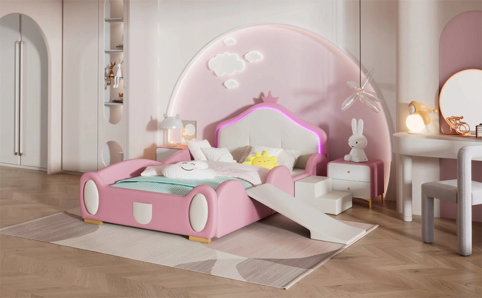 Letto 90x200cm - Xylo - LED, scivolo, PU, rosa+beige