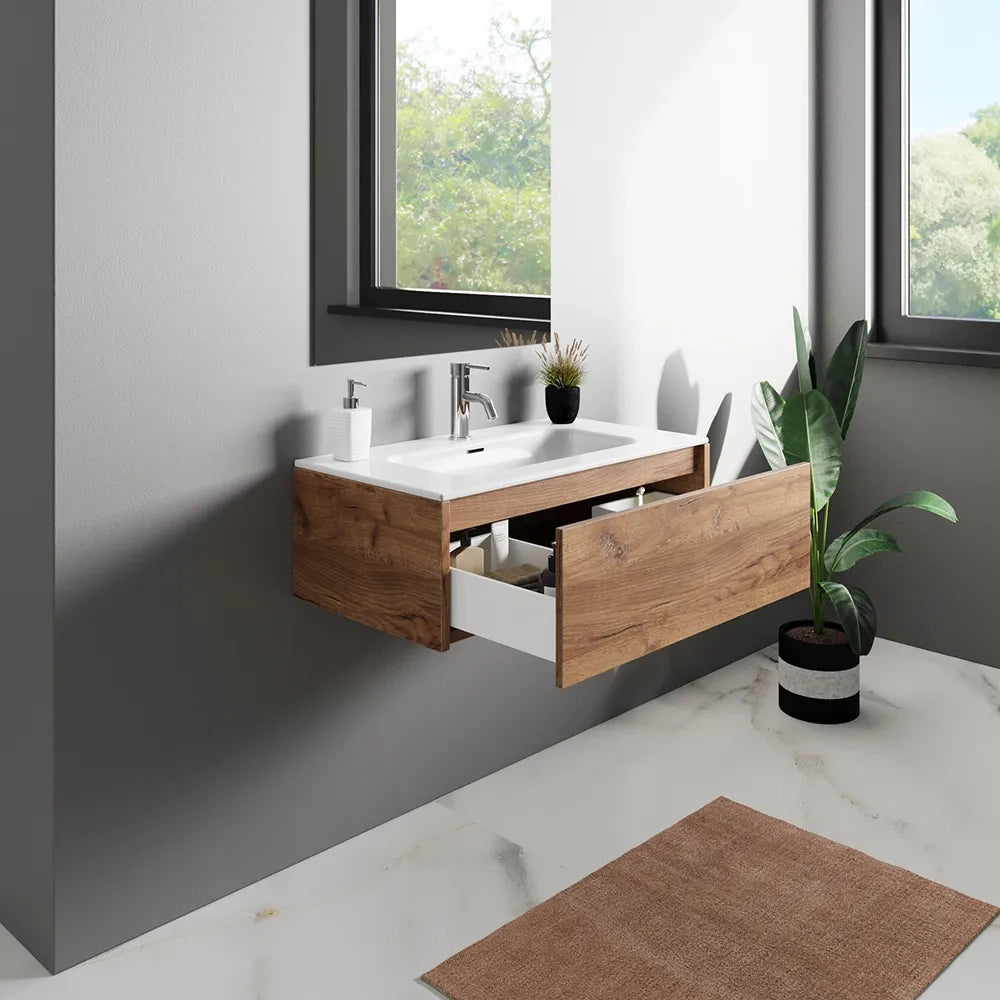 Mobile bagno sospeso 80cm un cassetto apertura push&pull rovere gransasso con lavabo | Galdor
