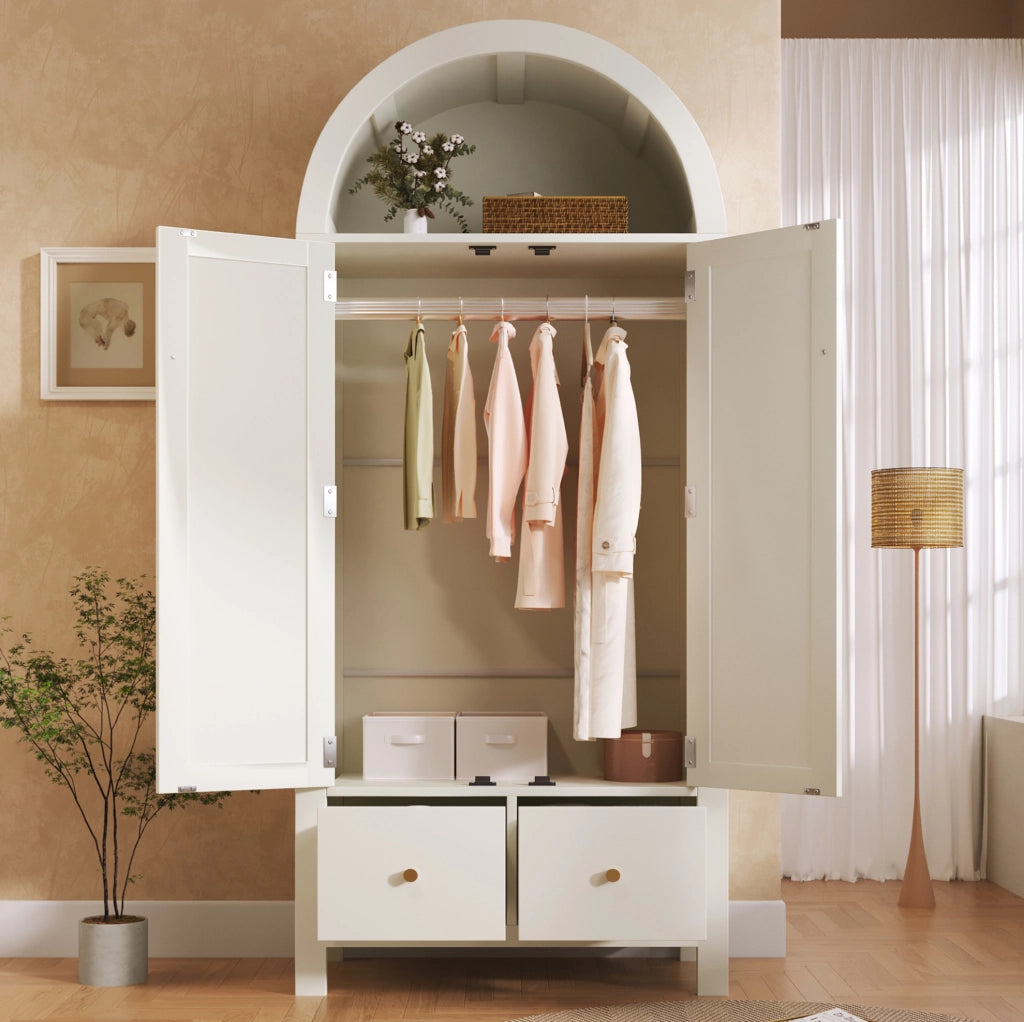 Armadio guardaroba 181x78x45 cm in MDF e metallo; bianco; 2 cassetti; asta appendiabiti