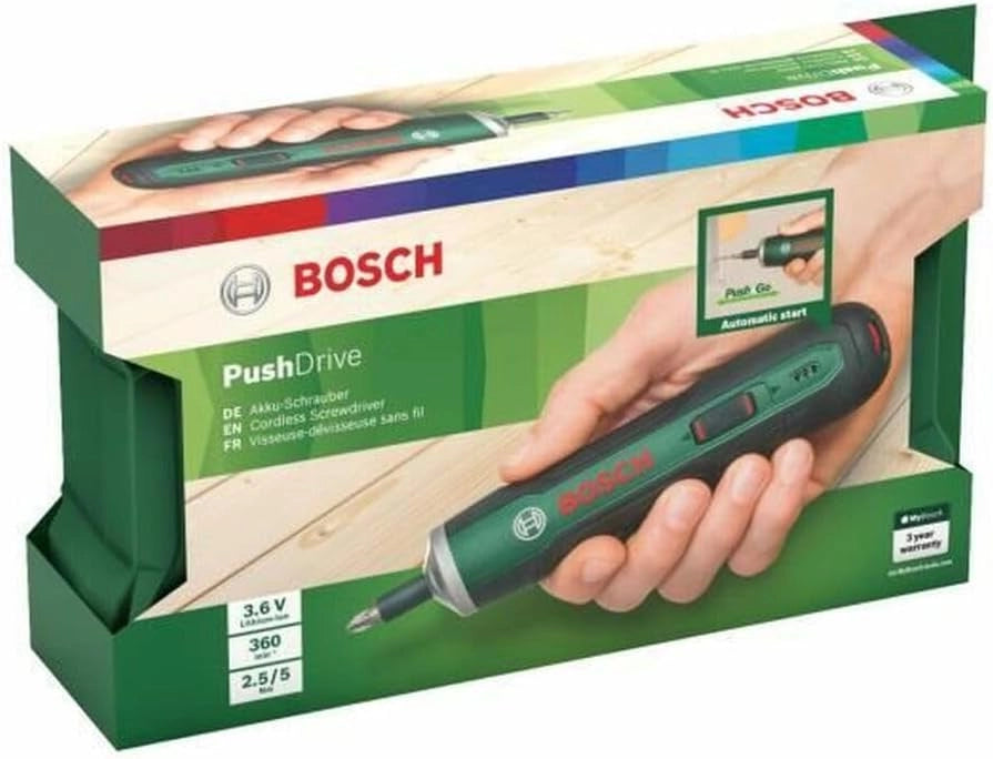 Bosch Home and Garden 06039C6000 PushDrive Cacciavite a Batteria, Batteria da 1.5 Ah, 360 giri/min a Vuoto, con Custodia, 3.6 V