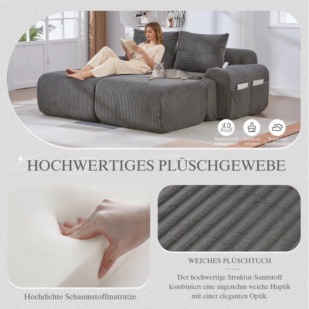 Divano modulare 2 posti con portabevande e tasca laterale in tessuto a coste grigio scuro, 200 × 174 × 80 cm